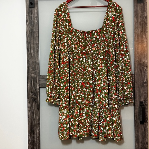 BCBG Olive Green Babydoll Micro Floral Peasant Women's XXL Dress Square Neckline - Picture 2 of 13